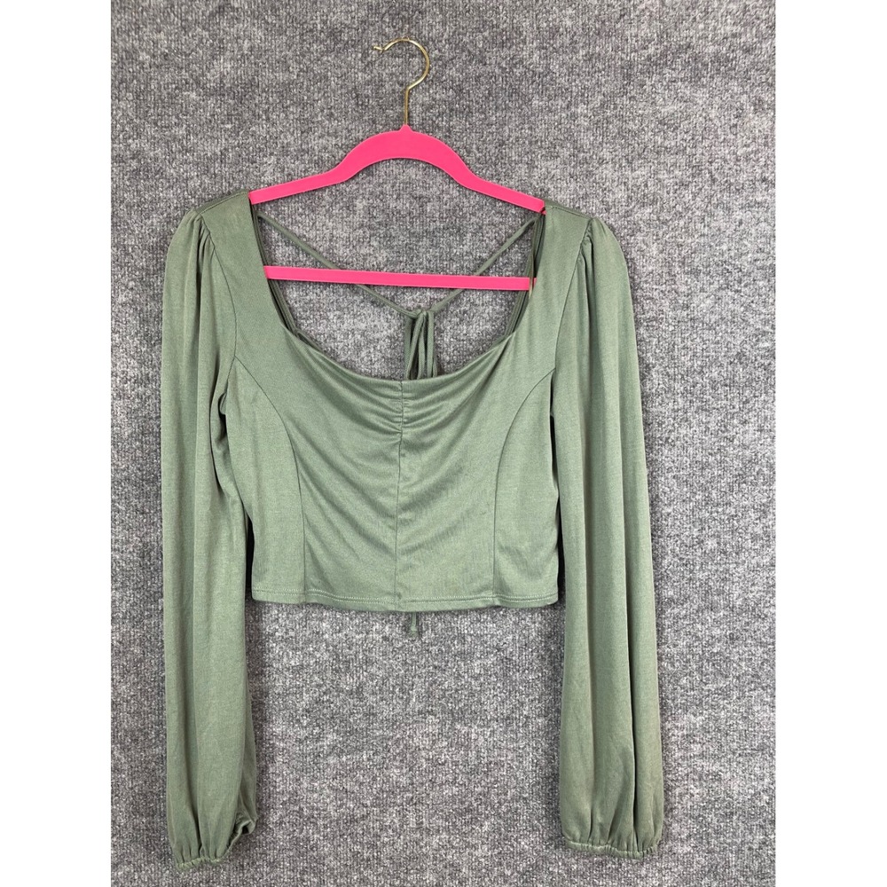 Urban Romantics Crop Top Women's Large Green Ribbed Smocked Tie Back‎